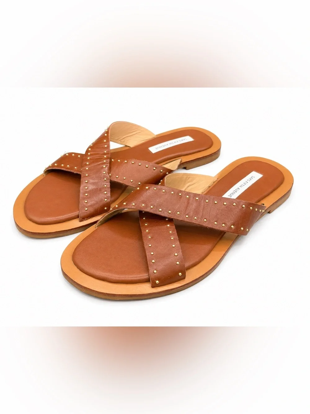 Saks Fifth Avenue Studded Leather Slide Sandals Cognac Boho Luxe 8.5